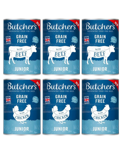 BUTCHER'S Original Junior Mix arome pentru catei 6x400g bucati vita si pui in aspic