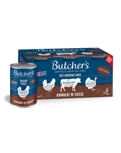 BUTCHER'S Original Recipe in gravy pentru caini 6x400 g mix arome cu legume si bucati vita, curcan si pui cu sos