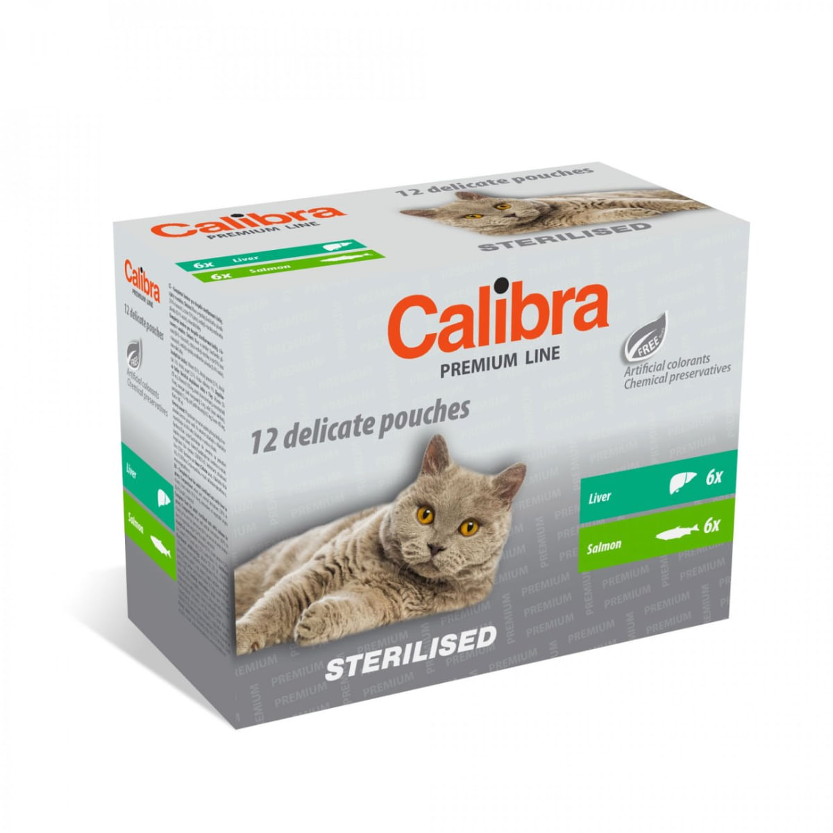 CALIBRA Premium Line Sterilised, Ficat și Somon, plic hrană umedă pisici sterilizate, (în sos), multipack, 100g x 12buc