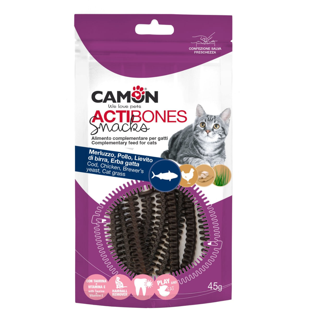 CAMON Actibones, Cod și Pui, punguță recompense pisici, 45g - poza 1