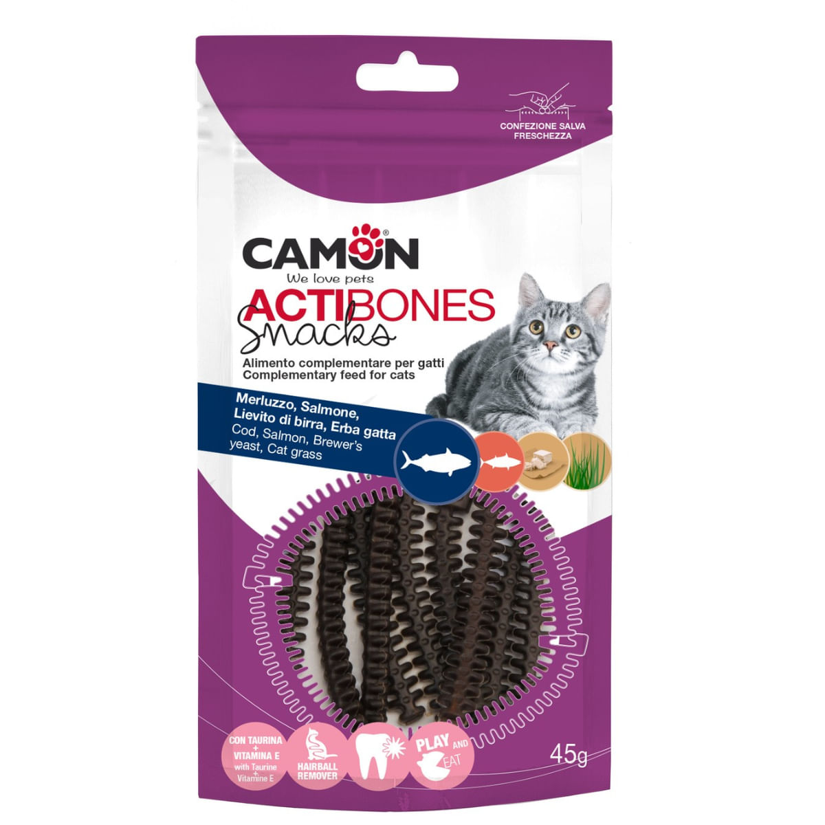 CAMON Actibones, Cod și Somon, punguță recompense pisici, 45g - poza 2