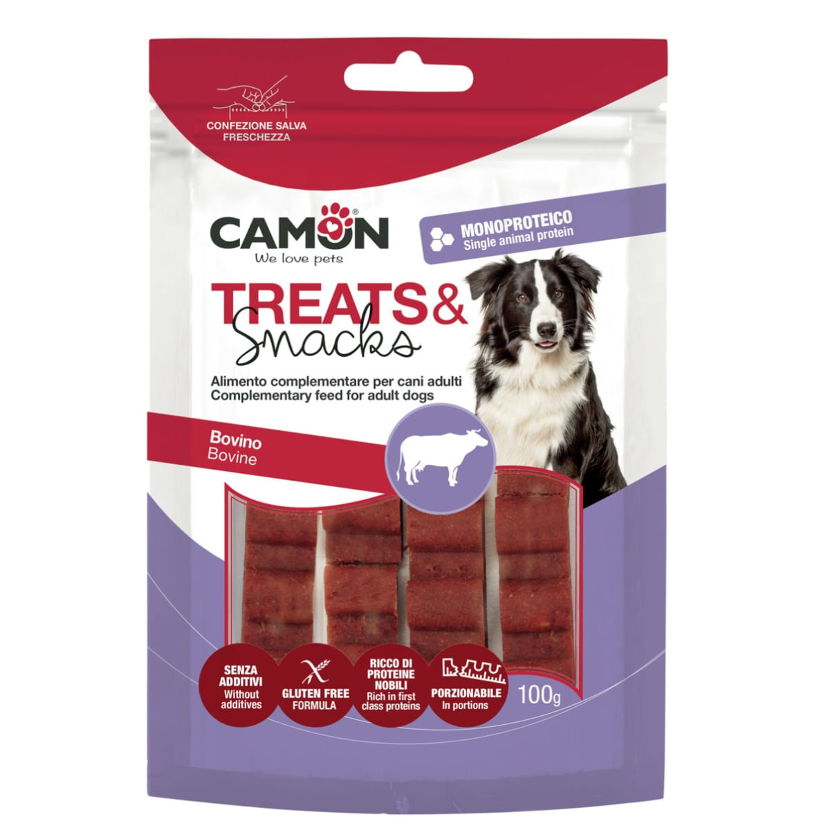 CAMON Beef Bar Snack, XS-XL, Vită, punguță recompense monoproteice câini, 100g - poza 2