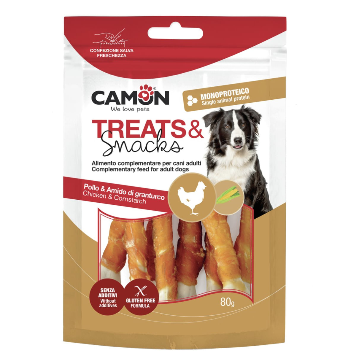 CAMON Chicken & Cornstarch Bones, XS-XL, Pui, punguță recompense câini, 80g - poza 2