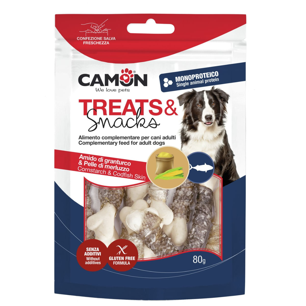 CAMON Codfish Skin & Cornstarch Bones, XS-XL, Cod, punguță recompense câini, 80g - poza 2