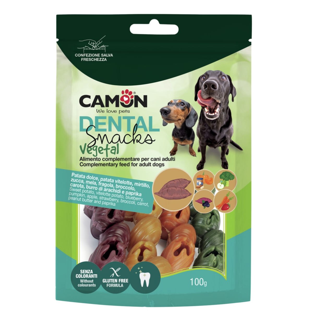 CAMON Dental Snack Mix Veggie Bells, XS-XL, Cartof Dulce și Fructe, punguță recompense câini, 100g - poza 1