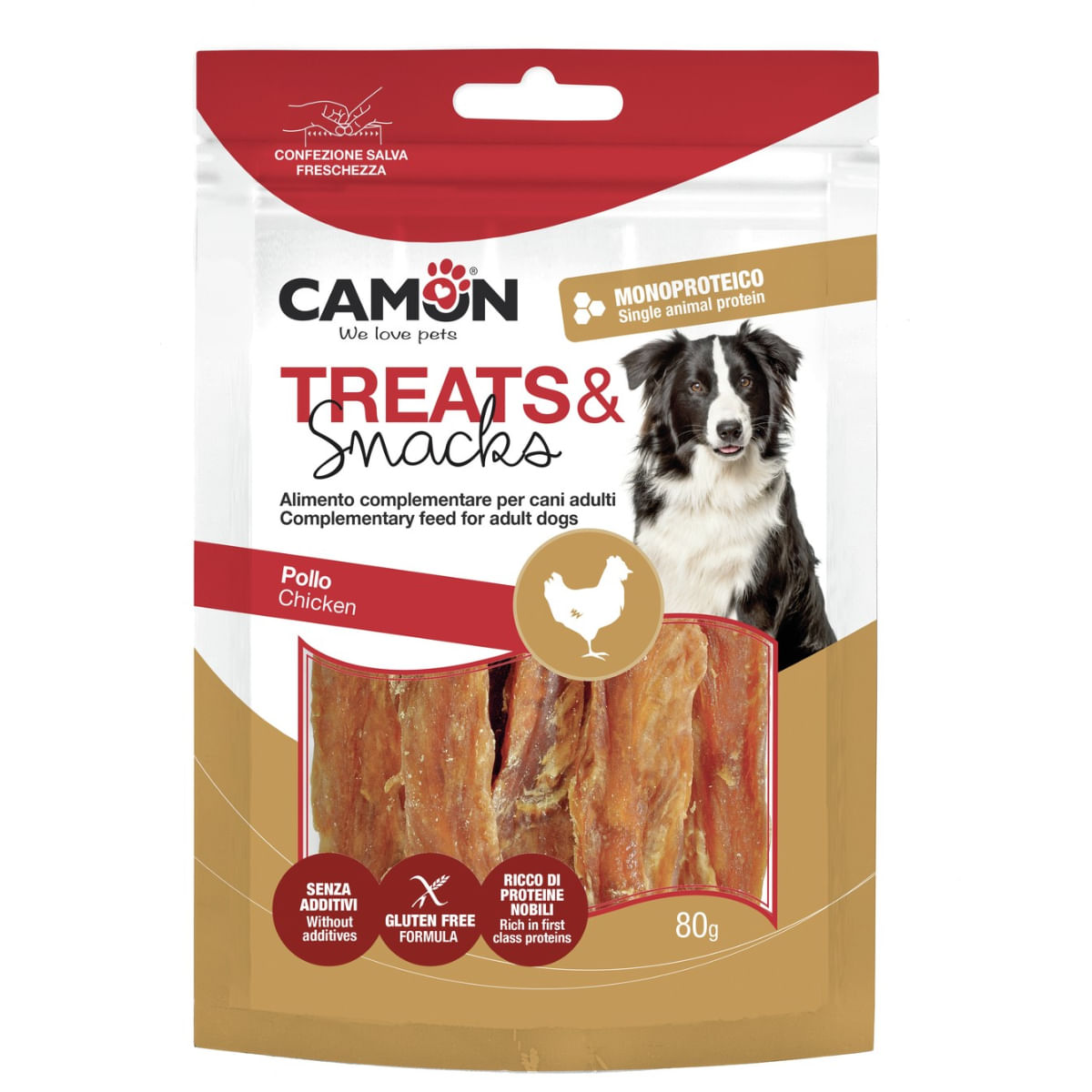 CAMON Dried Chicken Strips, XS-XL, Pui, punguță recompense câini, 80g - poza 1