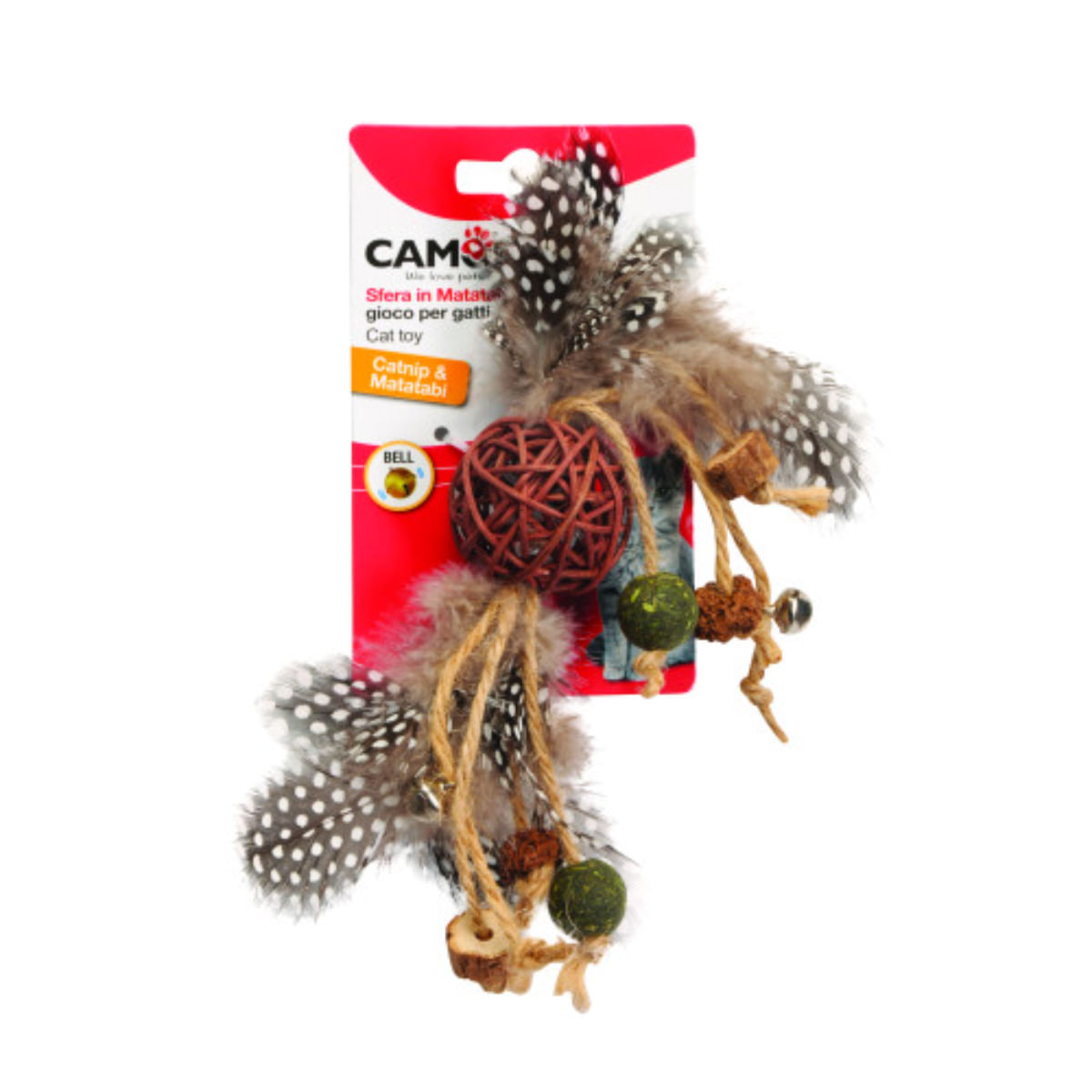 CAMON Matabi Minge cu Franghie&Clopotei, jucărie stimulare pândă pisici, cu sunet, catnip, iută, multicolor, 24cm, 1buc - poza 1