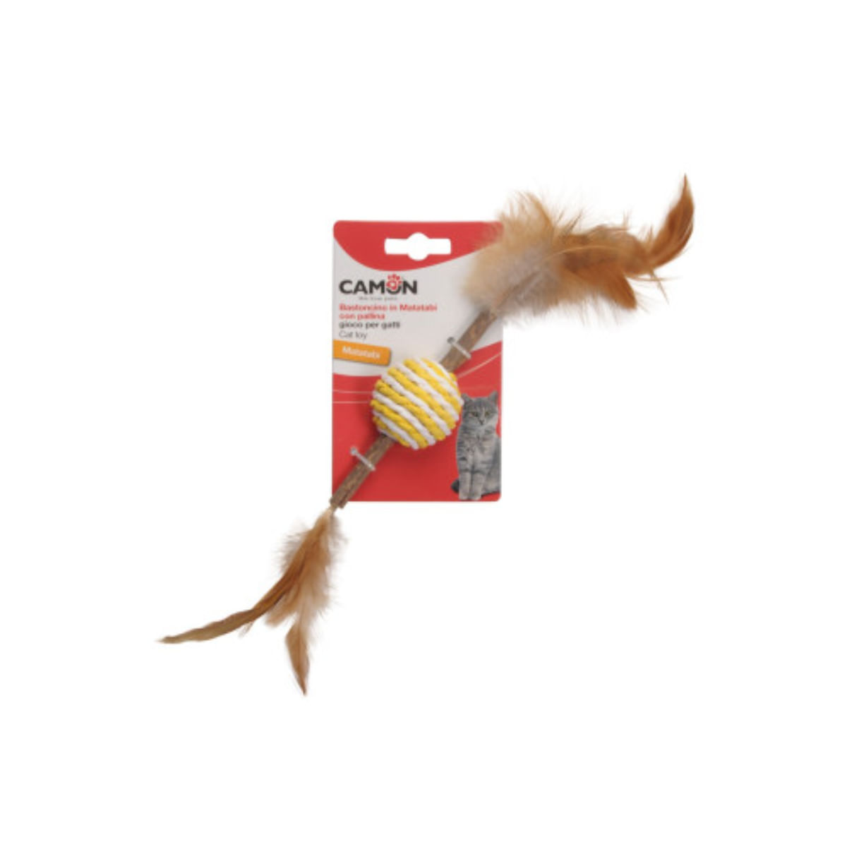 CAMON Matabi Minge cu Parghie &Pene, jucărie stimulare pândă pisici, activități fizice, lemn, multicolor, 14cm, 1buc - poza 2