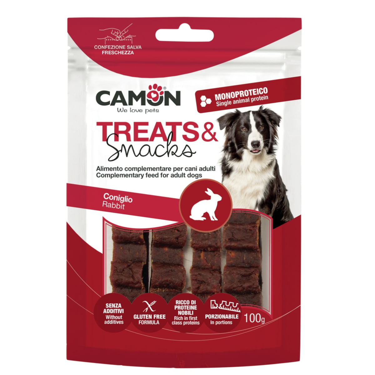 CAMON Rabbit Bar Snack, XS-XL, Iepure, punguță recompense monoproteice câini, 100g - poza 2