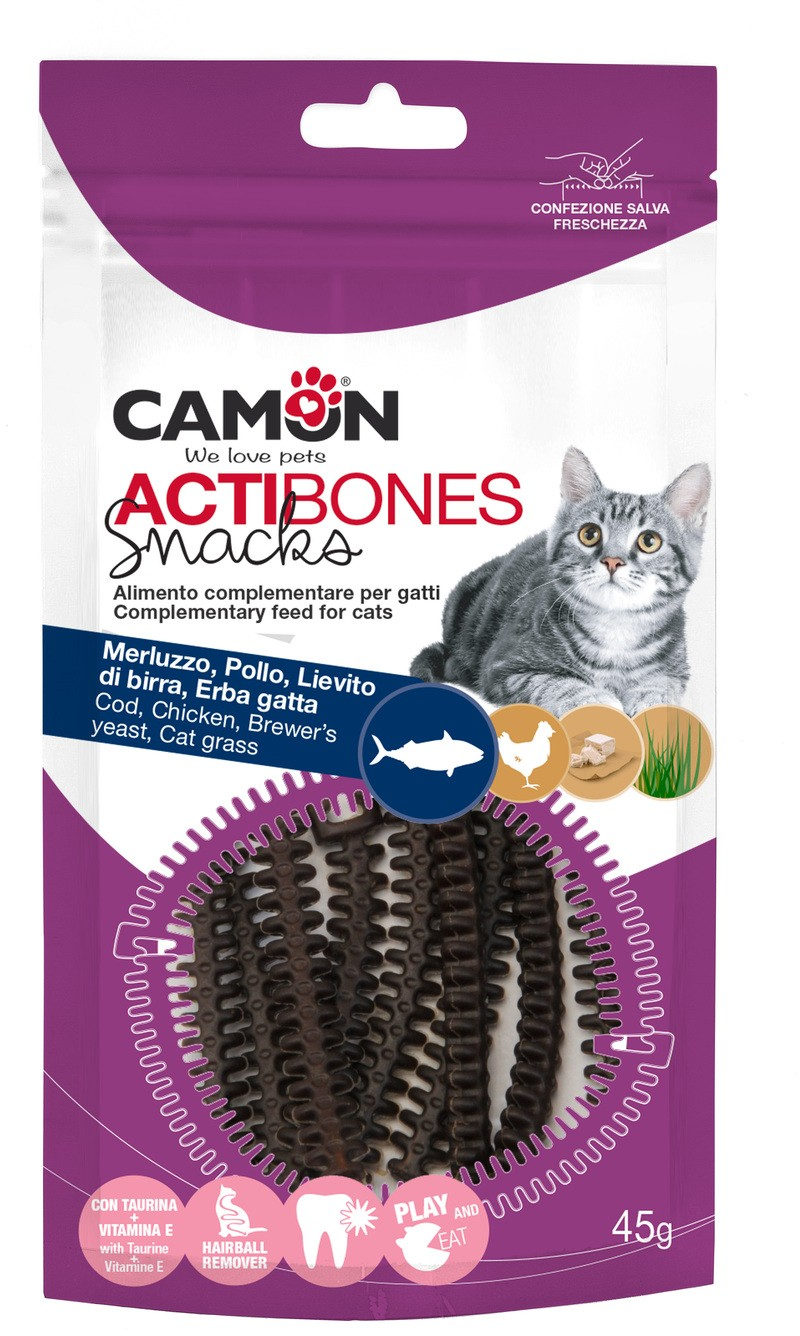 CAMON Snack pentru pisici Actibones cod, pui şi drojdie de bere, 45g