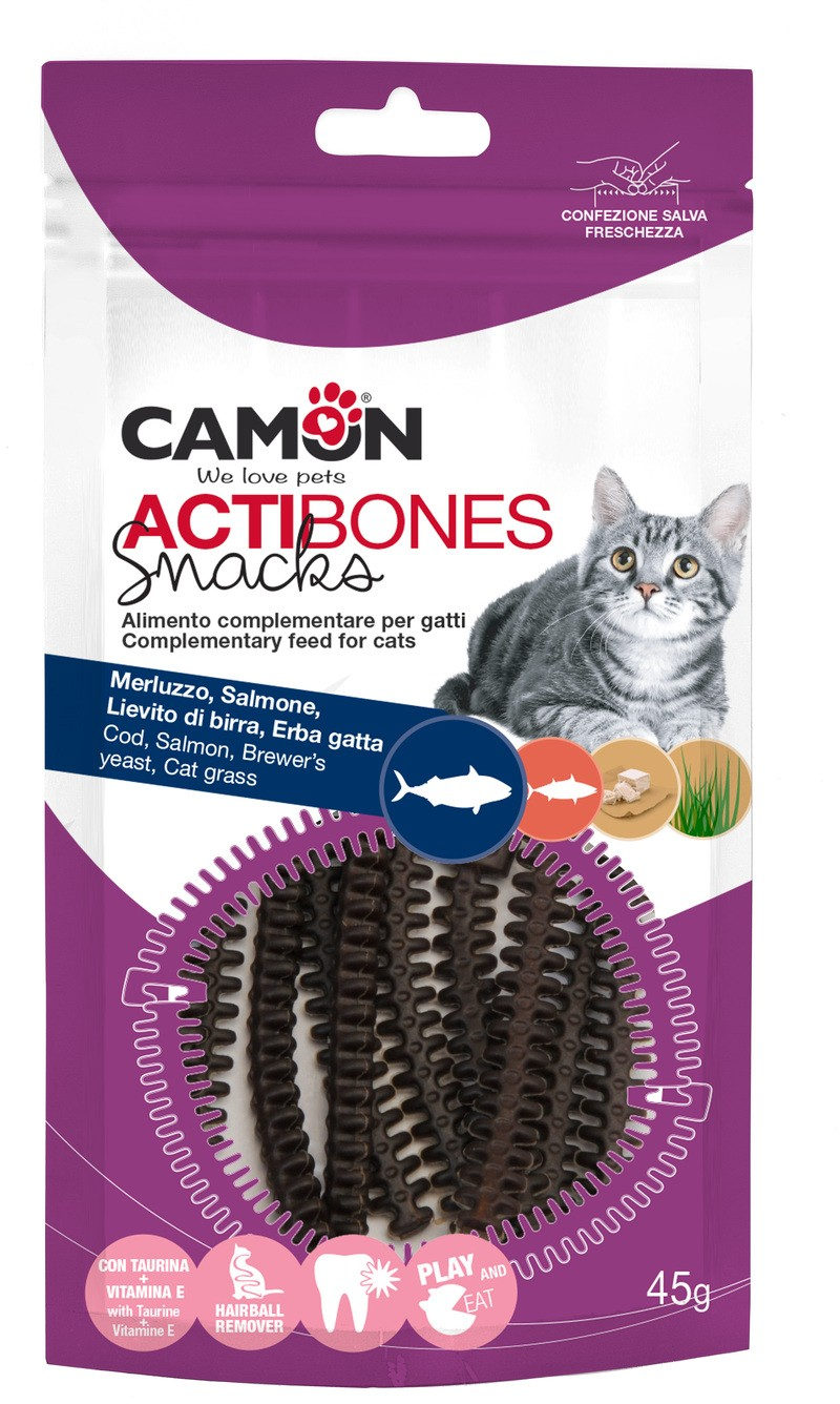 CAMON Snack pentru pisici Actibones cod, somon şi drojdie de bere, 45g