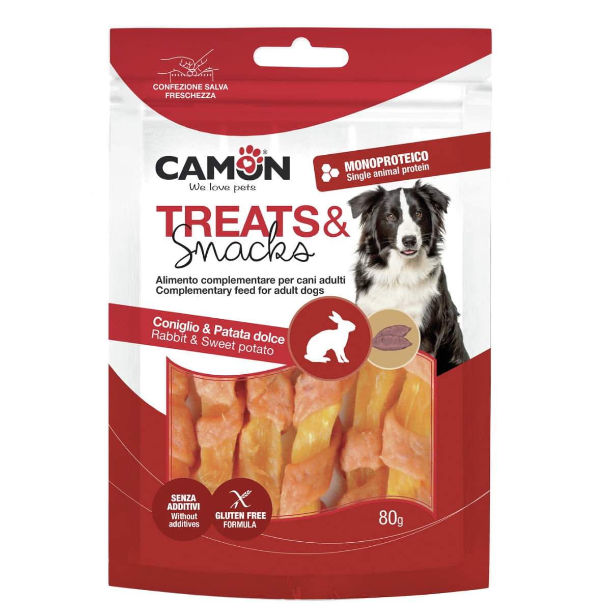 CAMON Strips, XS-XL, Iepure și Cartof Dulce, punguță recompense câini, 80g - poza 2