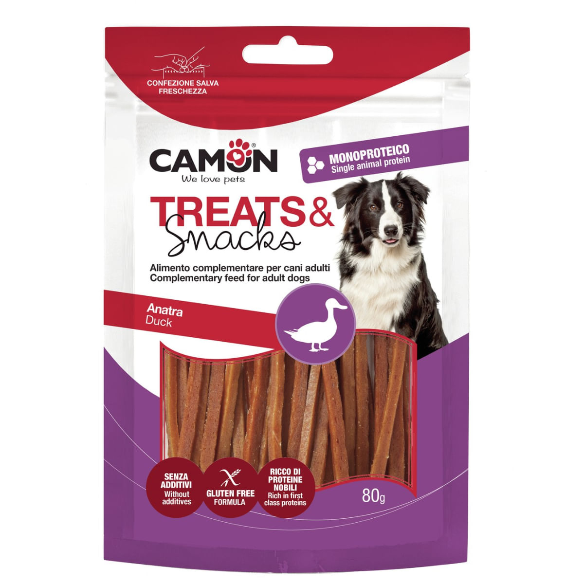 CAMON Strips, XS-XL, Rață, punguță recompense câini, 80g - poza 1