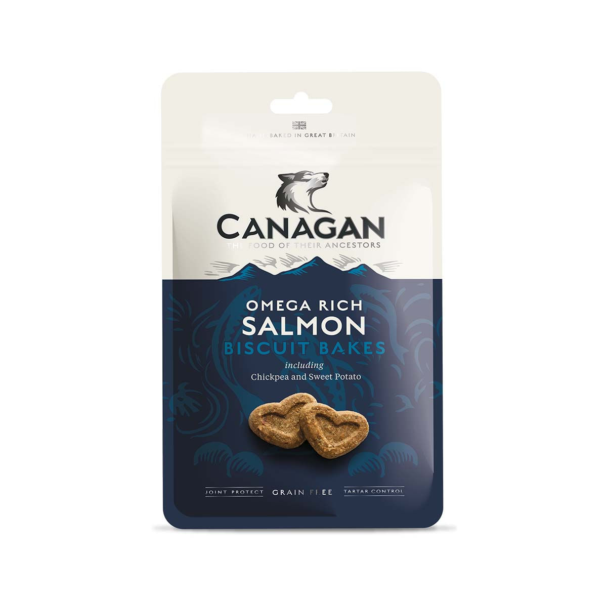 CANAGAN Omega Rich Salmon Biscuit Bakes, XS-XL, Somon, punguță recompense fără cereale câini junior & adult, 150g - poza 1