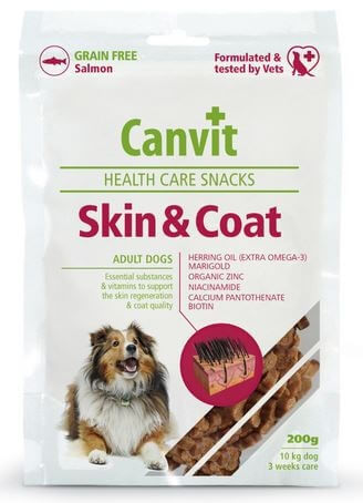 CANVIT Skin & Coat, XS-XL, Somon, punguță recompense funcționale câini, piele & blană, 200g - poza 1
