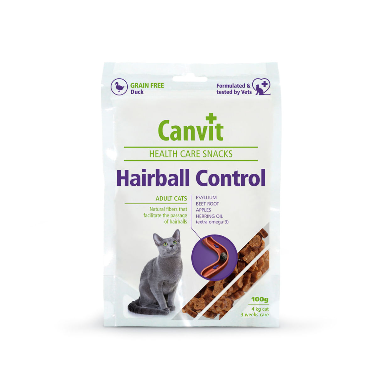 CANVIT Snack Hairball, S-XL, Rață, punguță recompense funcționale pisici, limitarea ghemurilor de blană, 100g - poza 2