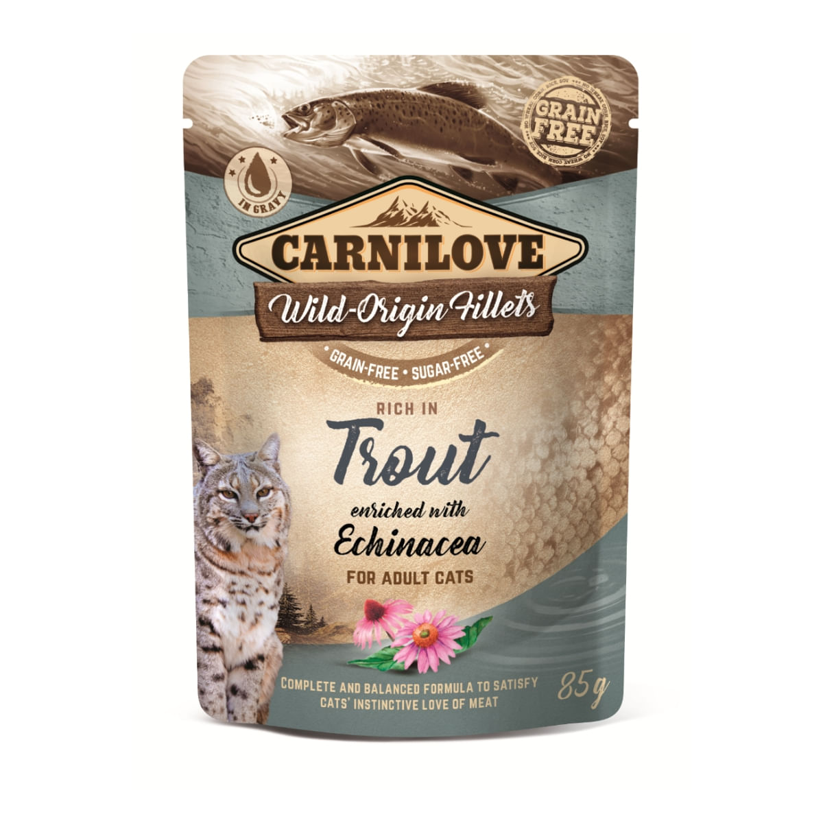 CARNILOVE, File Păstrăv cu Echinacea, hrană umedă fără cereale pisici, (în sos) CARNILOVE, File Păstrăv cu Echinacea, plic hrană umedă fără cereale pisici, (în sos), 85g - poza 1