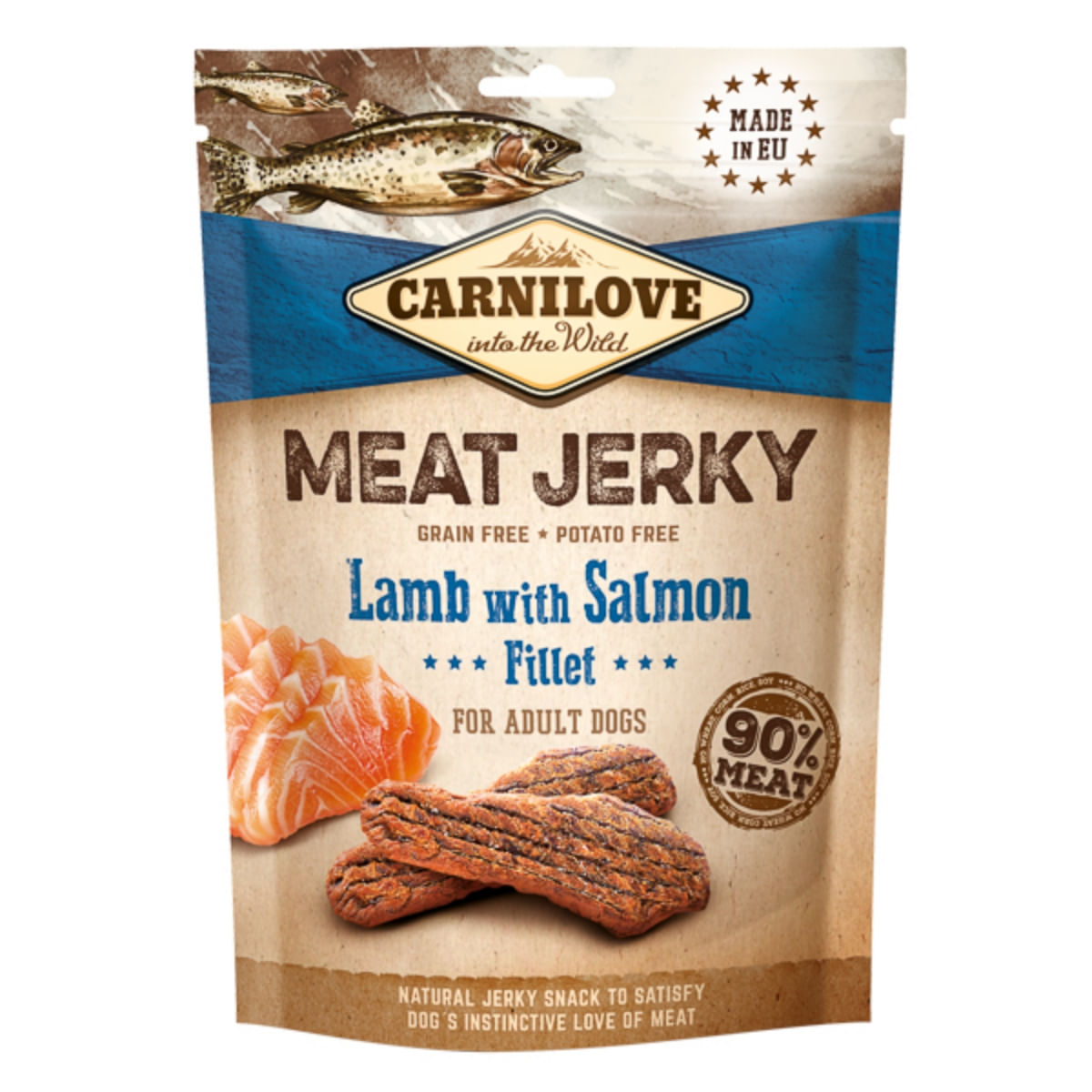 CARNILOVE Jerky, XS-XL, Miel și Somon, punguță recompense fără cereale câini, 100g - poza 1
