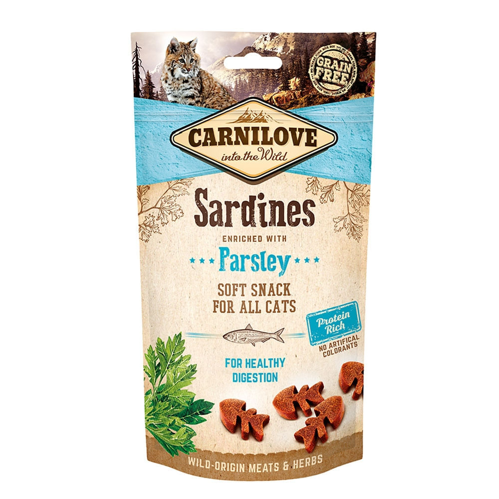 CARNILOVE Semi Moist Snack, Sardină cu Pătrunjel, recompense funcţionale fără cereale pisici, sensibilităţi digestive, 50g - poza 2
