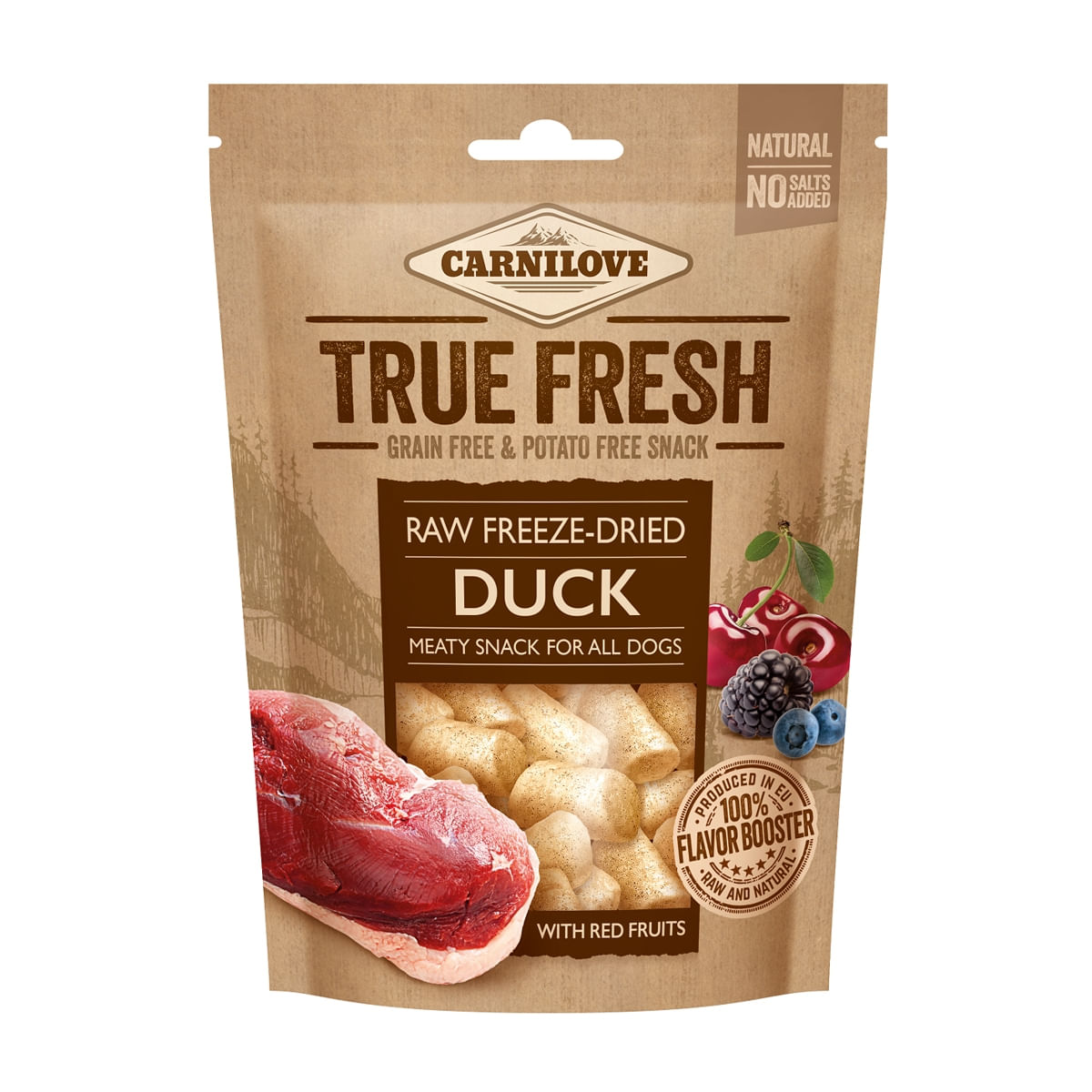 CARNILOVE True Fresh Raw Freeze-Dried, Rață cu 5 Fructe Roșii, recompense presate la rece fără cereale câini, 40g - poza 1