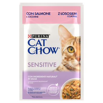 CAT CHOW SENSITIVE, Somon si Dovlecei, hrana umeda pentru pisici 1x85 g