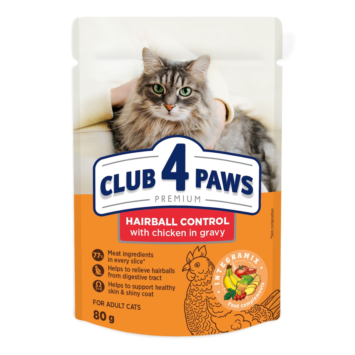 CLUB 4 PAWS Premium Hairball Control, Pui, plic hrană umedă pisici, limitarea ghemurilor de blană, (în sos), 80g - poza 2