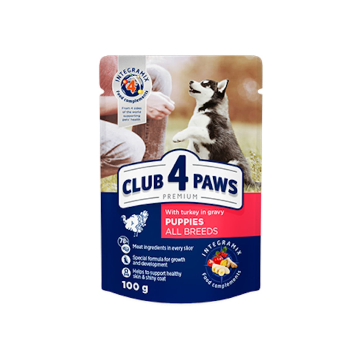 CLUB 4 PAWS Premium Puppy, Curcan, hrană umedă câini junior, (în sos) CLUB 4 PAWS Premium Puppies, XS-XL, Curcan, plic hrană umedă câini junior, (în sos), 100g - poza 2