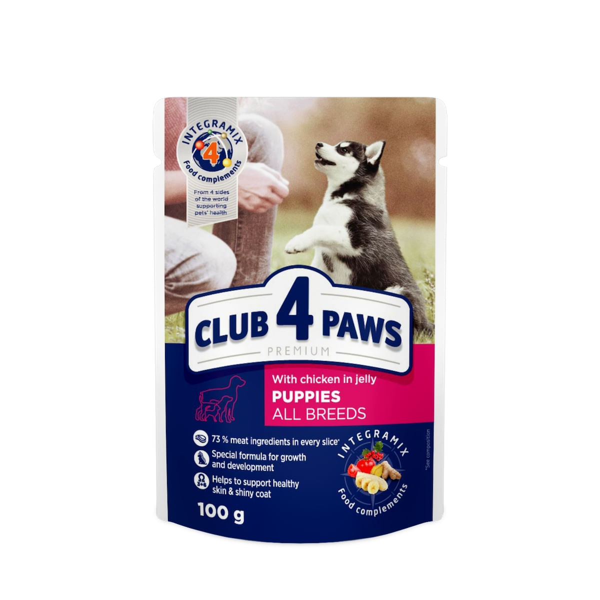 CLUB 4 PAWS Premium Puppy, Pui, hrană umedă câini junior, (în aspic) CLUB 4 PAWS Premium Junior, XS-XL, Pui, plic hrană umedă câini junior, (în aspic), 100g - poza 2