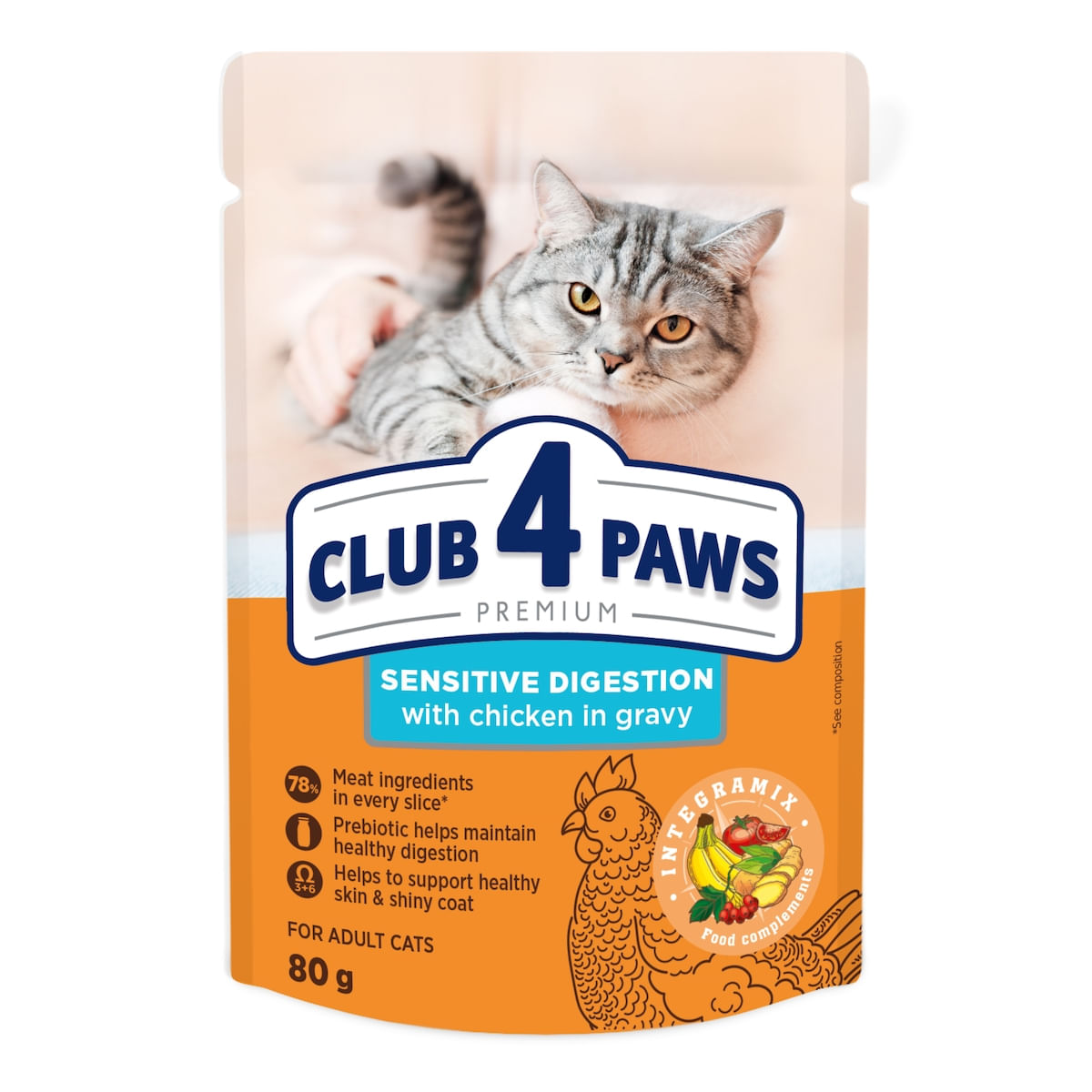 CLUB 4 PAWS Premium Sensitive Digestion, Pui, plic hrană umedă pisici, sistem digestiv, (în sos), 80g - poza 2
