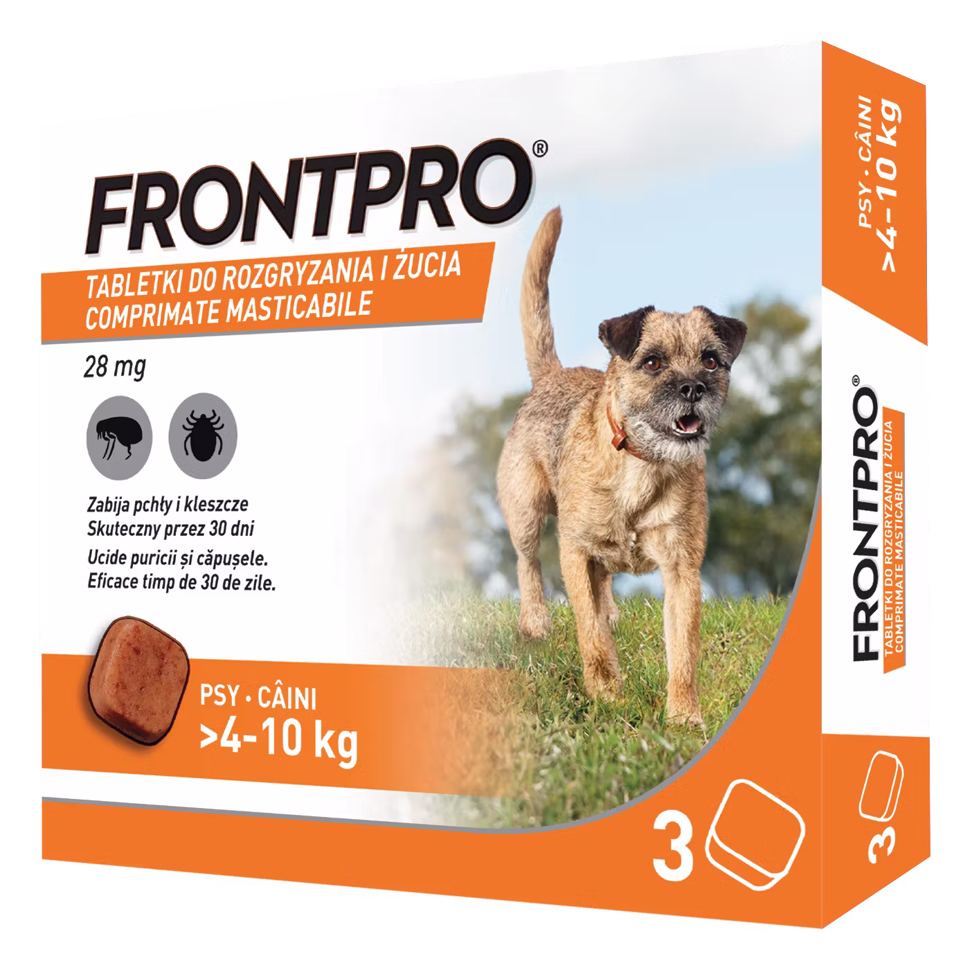 Comprimate masticabile antiparazitare caini, Frontpro M, 28 mg, >4-10 kg, 3 buc/ cutie