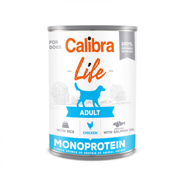 Conserva pentru caini Calibra Dog Life Adult cu pui orez 400 gr