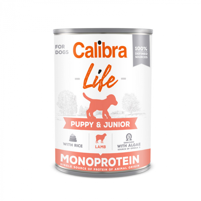 Conserva pentru caini Calibra Dog Life Puppy Junior cu miel orez 400 gr