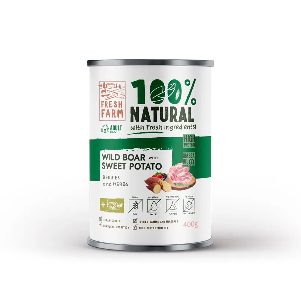 Conserva pentru caini Fresh Farm Coarse Pate cu mistret, fructe de padure ierburi 400 gr