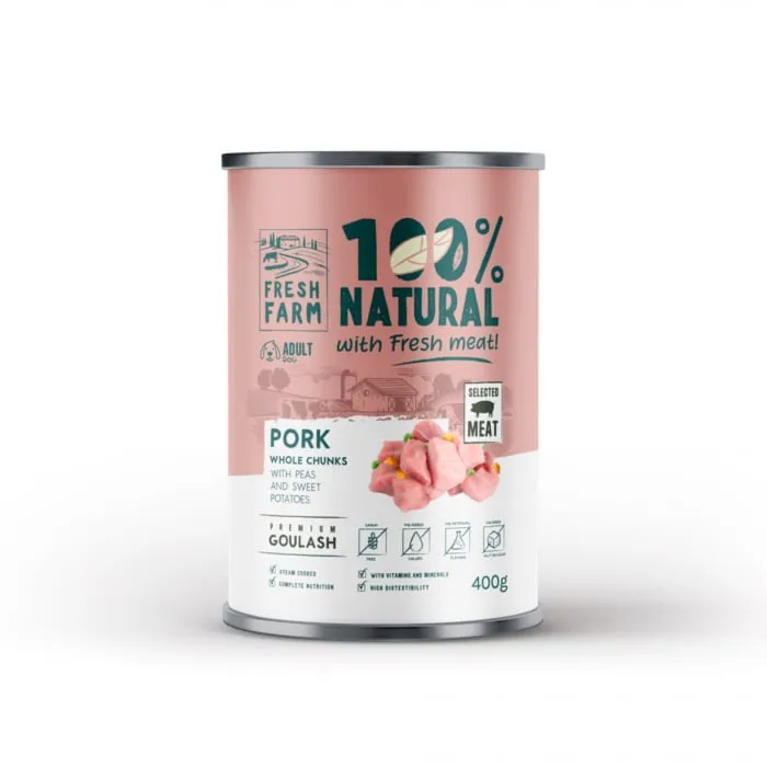 Conserva pentru caini Fresh Farm Goulash cu porc, mazare cartof dulce 400 gr