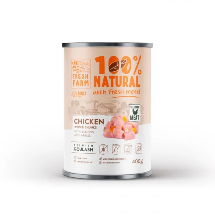 Conserva pentru caini Fresh Farm Goulash cu pui, dovleac mere 400 gr
