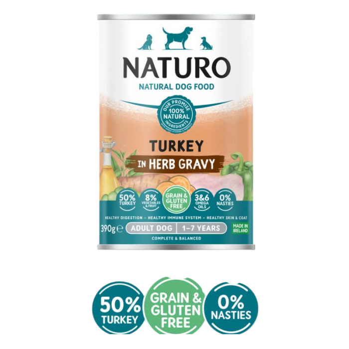 Conserva pentru caini Naturo Adult cu curcan, fructe legume 390 gr