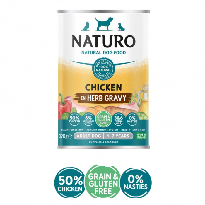 Conserva pentru caini Naturo Adult cu pui , fructe legume 390 gr