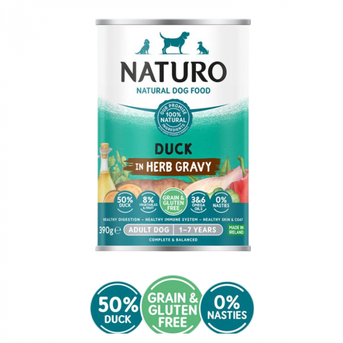 Conserva pentru caini Naturo Adult cu rata , fructe legume 390 gr