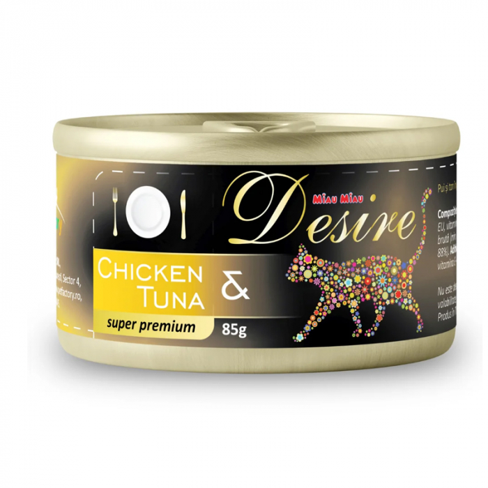 Conserva pentru pisici Desire cu pui file ton in gelatina 85 gr