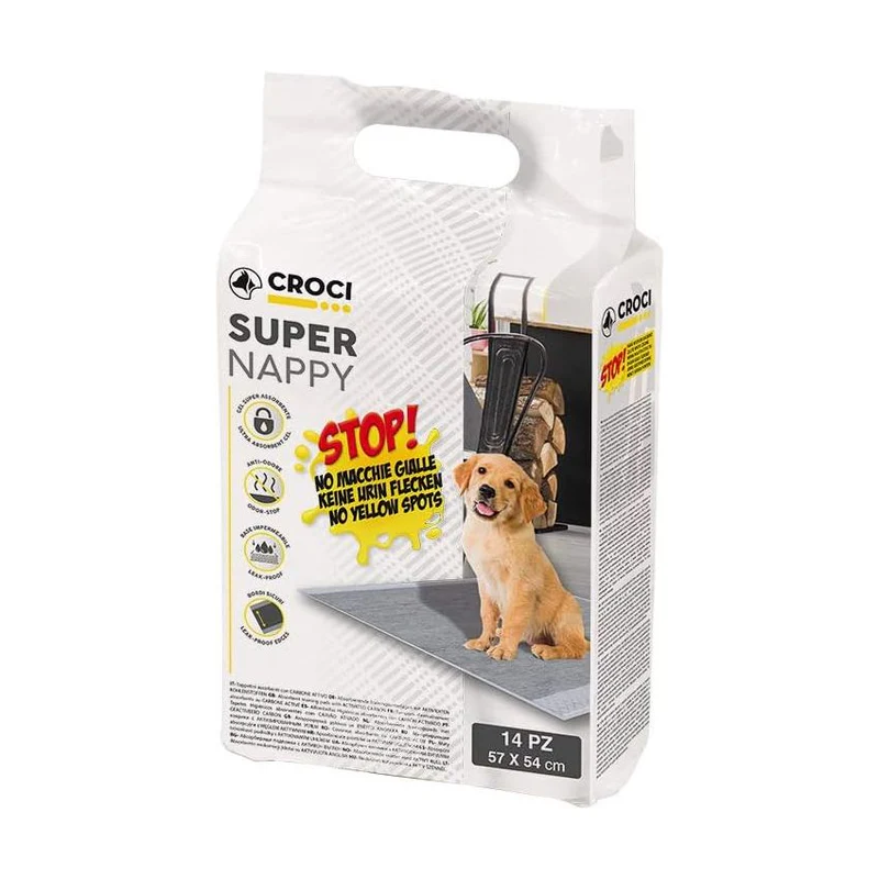 Covorase absorbante pentru caini Croci Super Nappy, No Yellow Spot, Carbon activ, 57 x 54 cm, 14 bucati