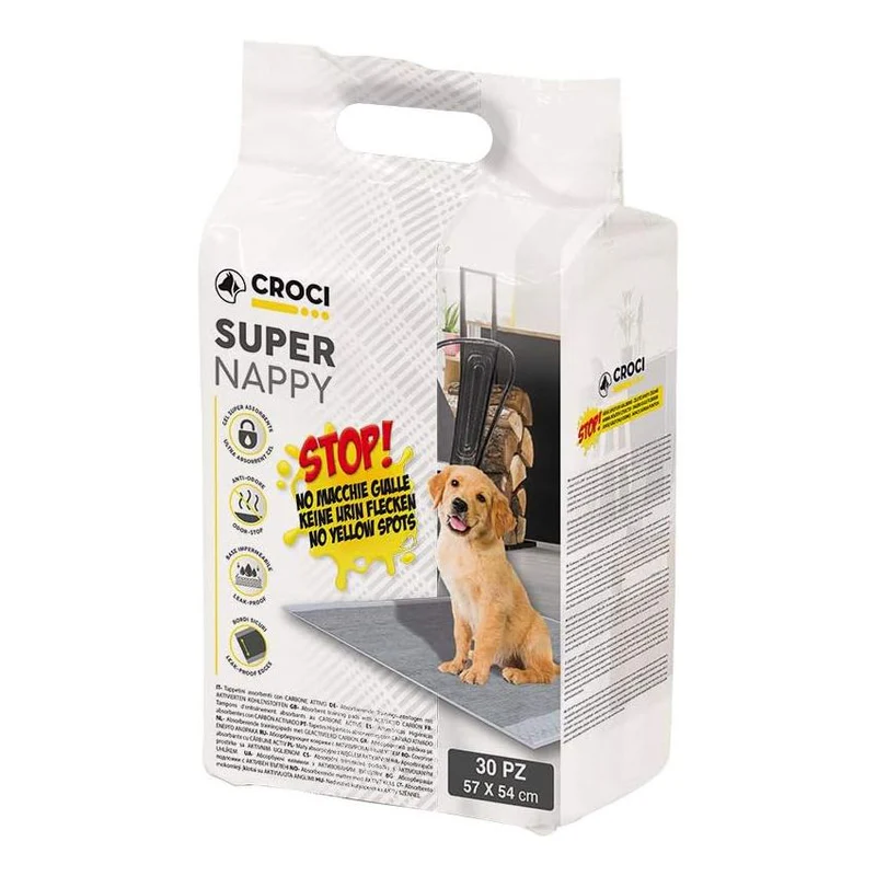 Covorase absorbante pentru caini Croci Super Nappy, No Yellow Spot, Carbon activ, 57 x 54 cm, 30 bucati
