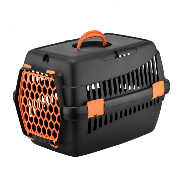 Cusca de transport 4Dog Deluxe neagra cu usa portocalie 49 x 35 x 32,5 cm