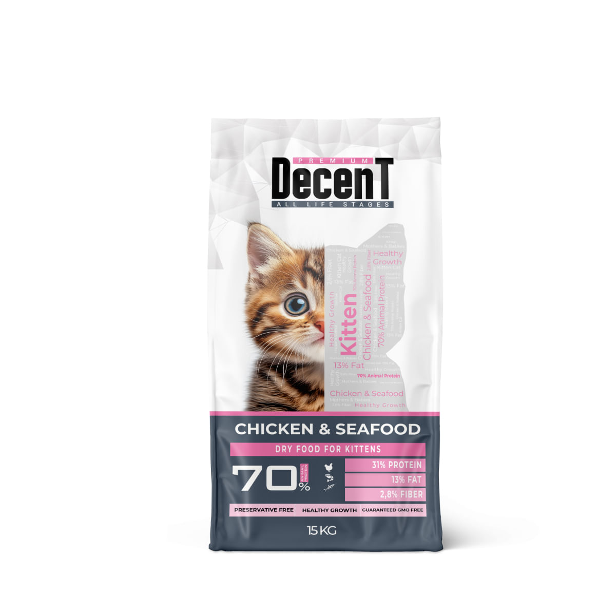 DECENT Kitten Healthy Growth, Pui și Fructe de Mare, hrană uscată pisici junior, 15kg - poza 1