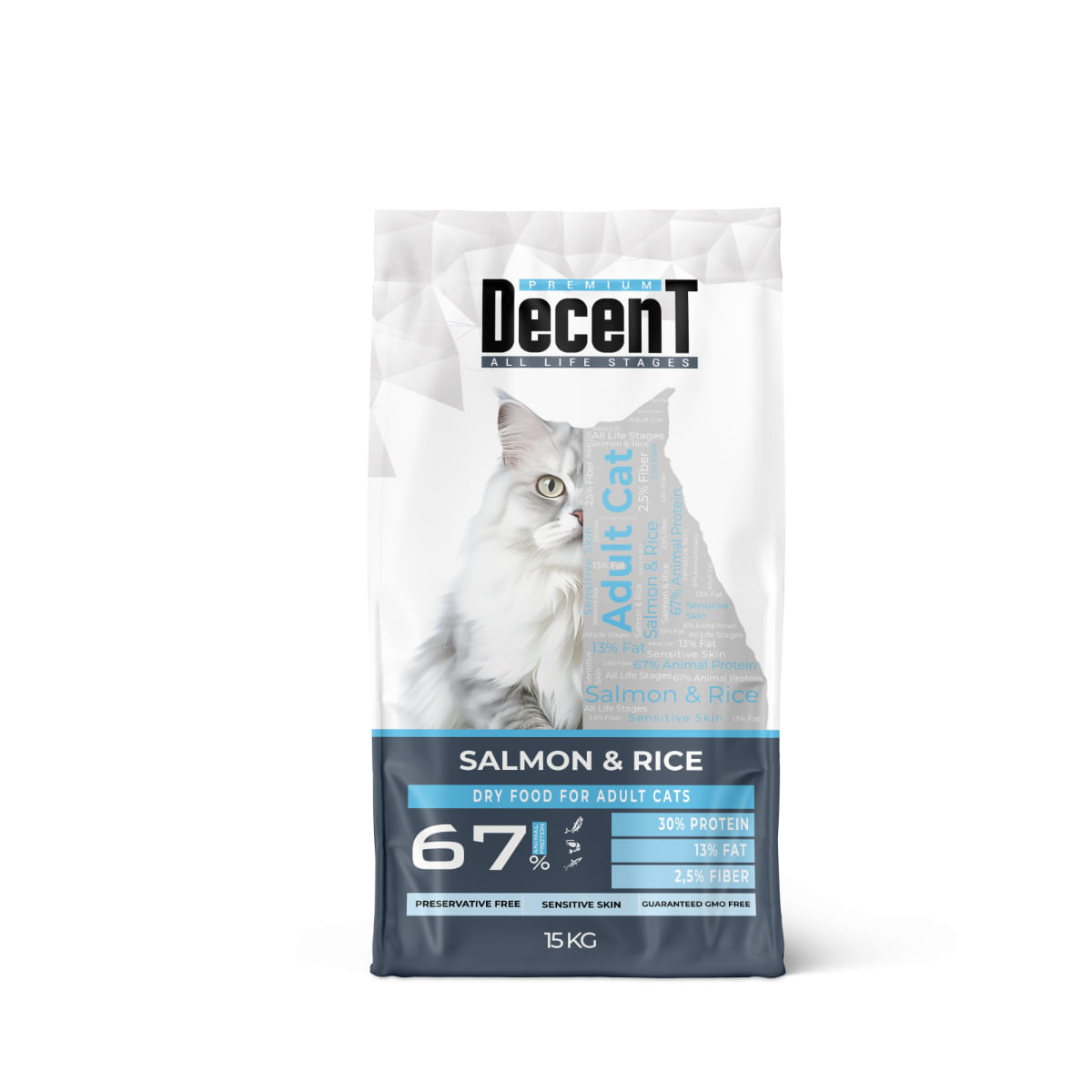 DECENT Sensitive Skin, Somon și Orez, hrană uscată pisici, piele & blană, 15kg - poza 2