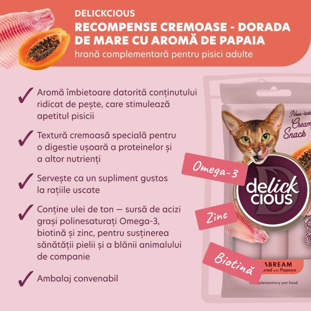 DELICKCIOUS Creamy Snack, Doradă și Papaya, plic recompense pisici, 60g - poza 4