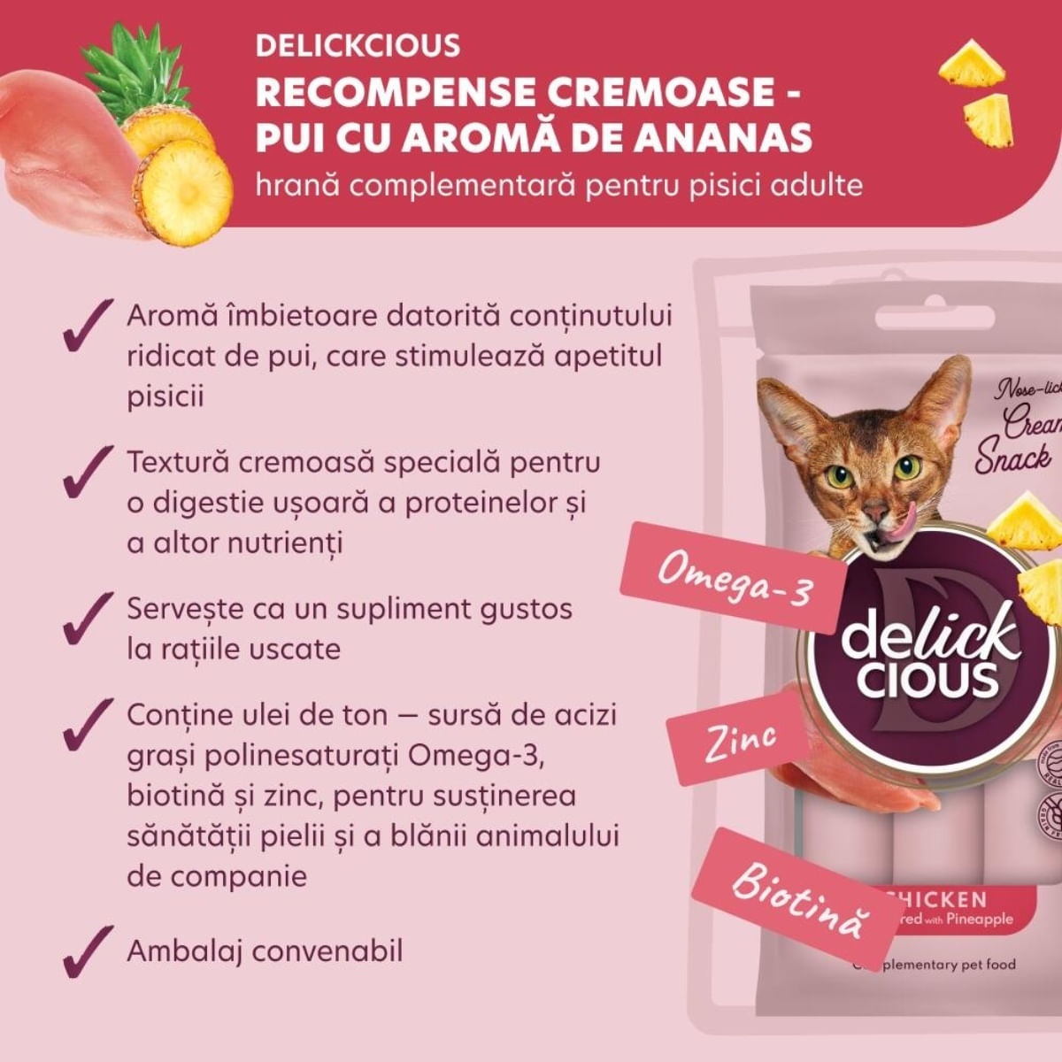 DELICKCIOUS Creamy Snack, Pui și Ananas, plic recompense pisici, 60g - poza 4