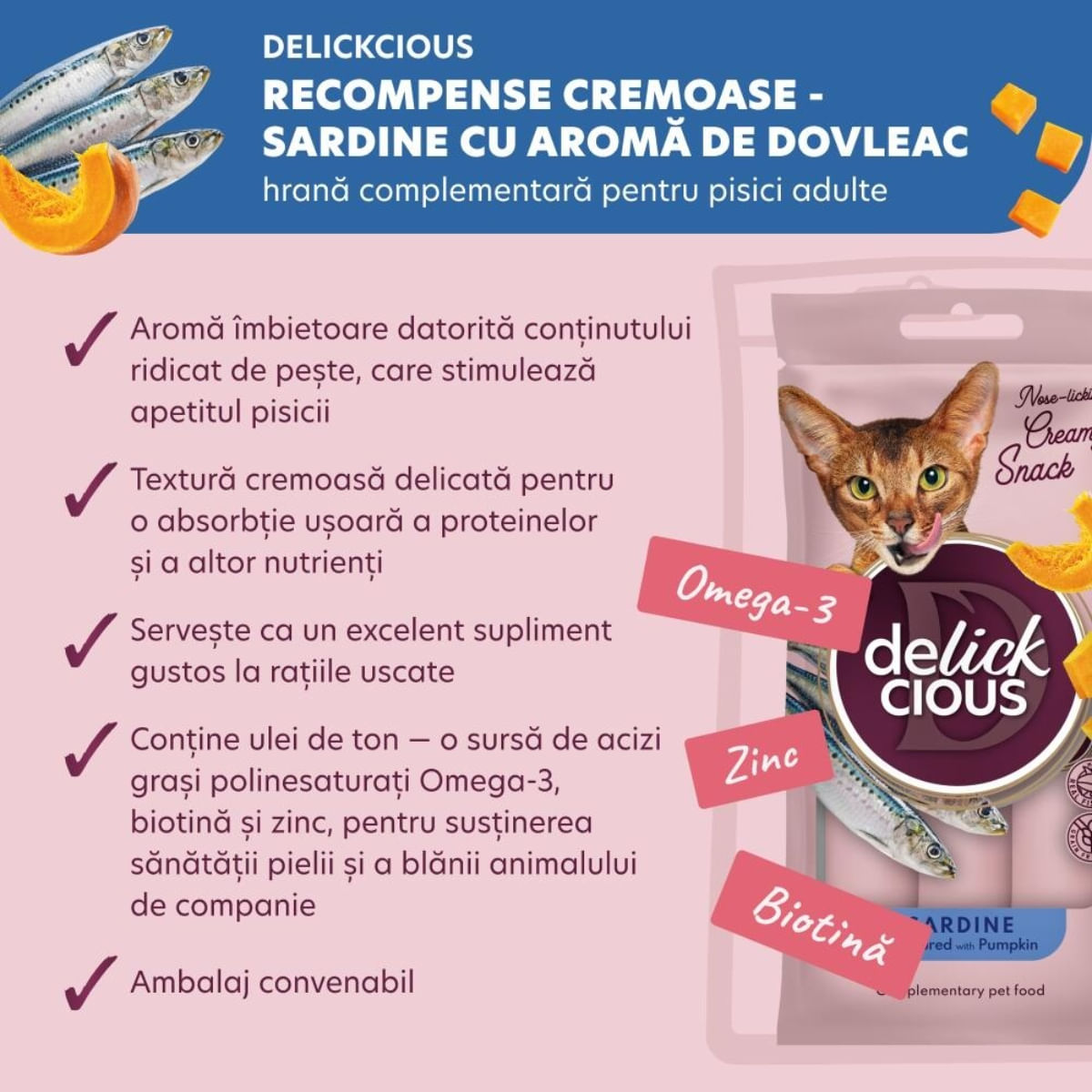 DELICKCIOUS Creamy Snack, Sardine și dovleac, plic recompense pisici, 60g - poza 3