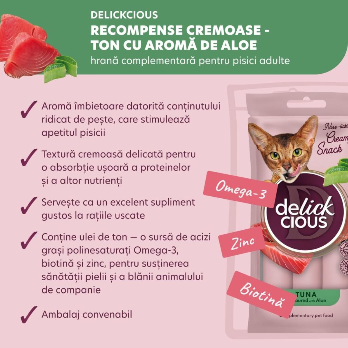 DELICKCIOUS Creamy Snack, Ton și Aloe Vera, plic recompense pisici, 60g - poza 4