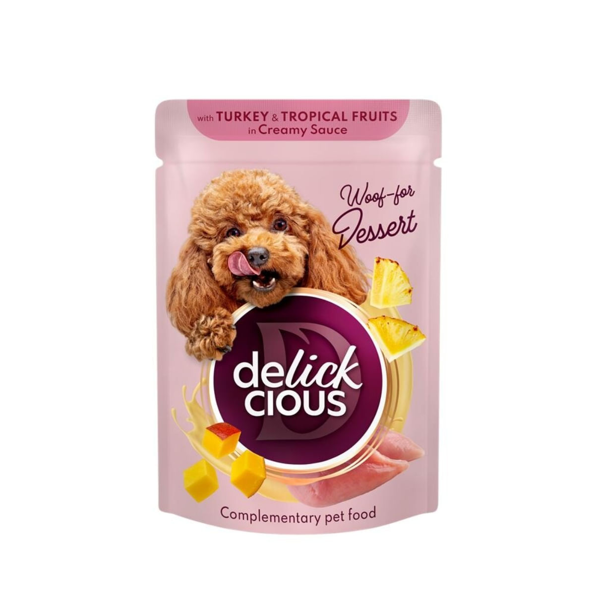 DELICKCIOUS Dessert, XS-S, Curcan și Fructe Tropicale, plic hrană umedă câini, (în sos), bax, 80g x 12buc