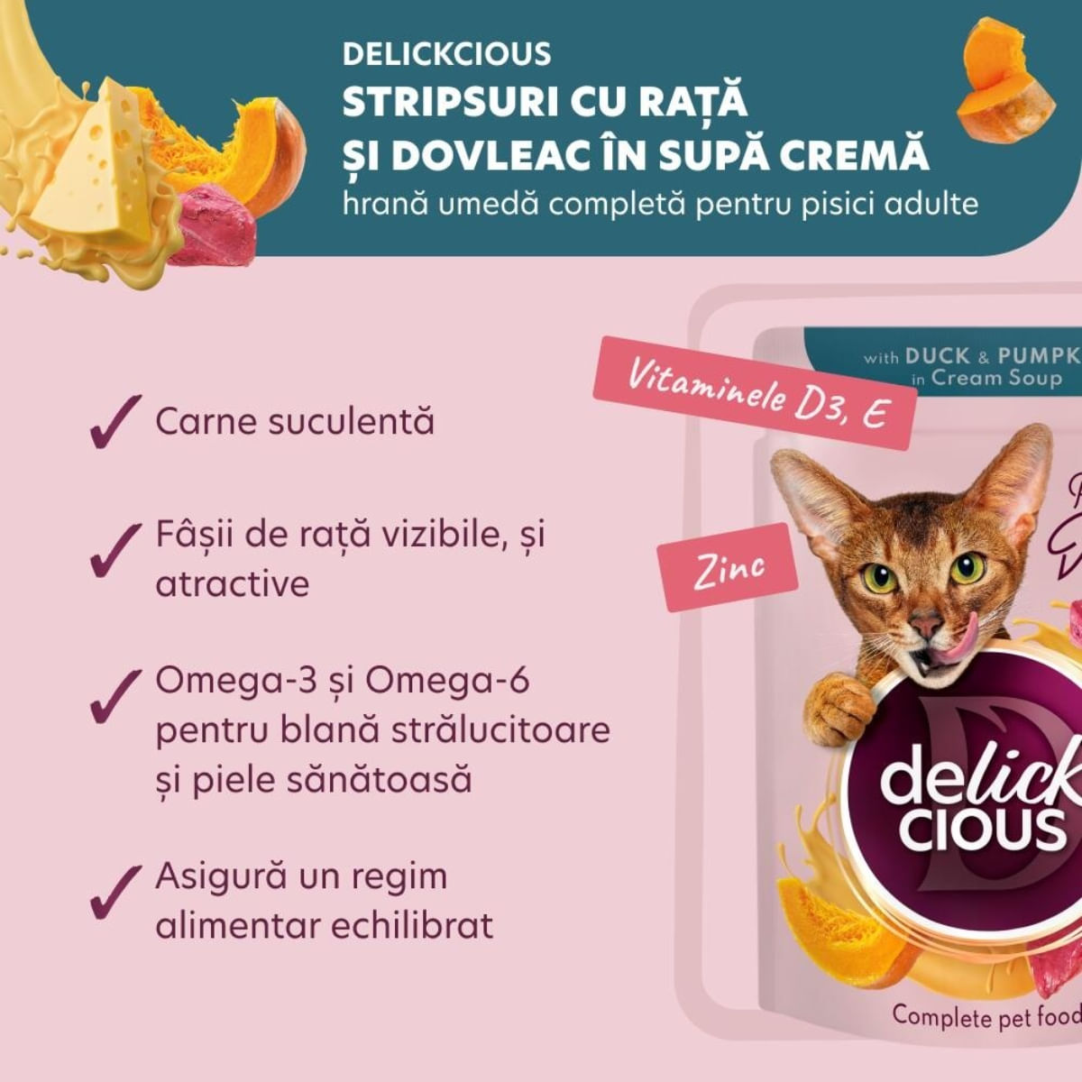 DELICKCIOUS Dinner, Rață și dovleac, plic hrană umedă pisici, (în supă), bax, 85g x 12buc - poza 4